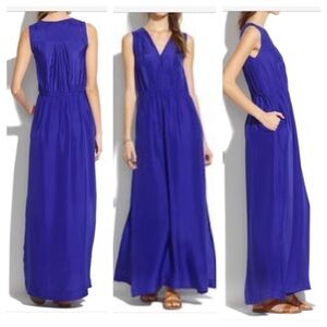 Madewell Violet Blue Silk Pleated V-Neck Maxi Dress Sz 0 EUC